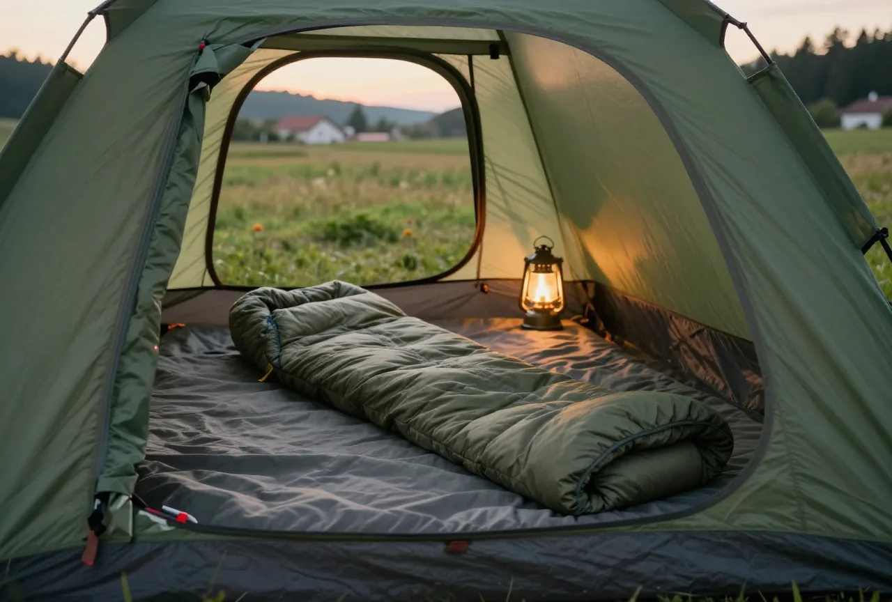 Blick in ein kleines Kuppelzelt in der Dämmerung mit ausgebreitetem Schlafsack auf einer dicken Isomatte