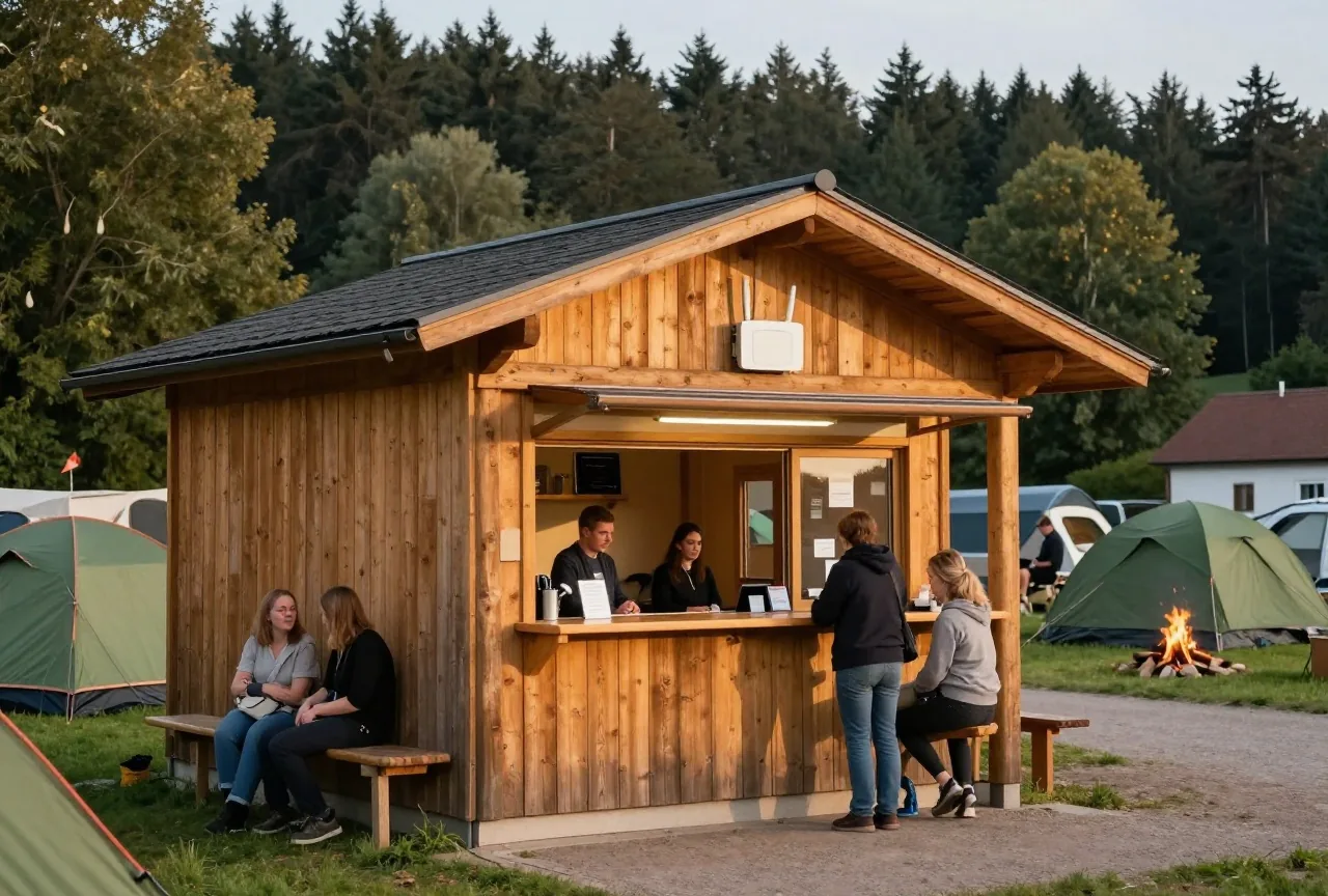 Ein kleines Holzhaus an der Rezeption eines Campingplatzes in der Dämmerung, unter dem Dach ein Funkrouter