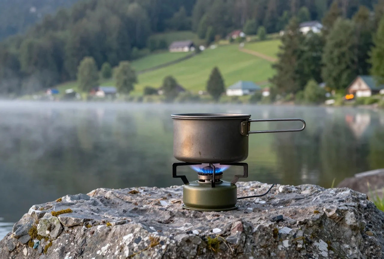 Ein kleiner Gaskocher mit blauer Flamme und ein Metalltopf auf einem flachen Stein am See im Morgennebel