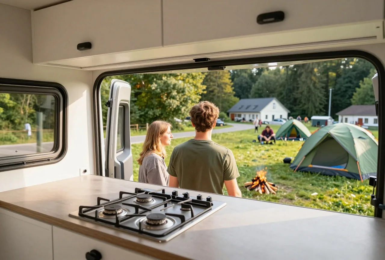 Die kleine Küche eines Campers mit Gasherd, Dachluke und Seitenfenster sind geöffnet
