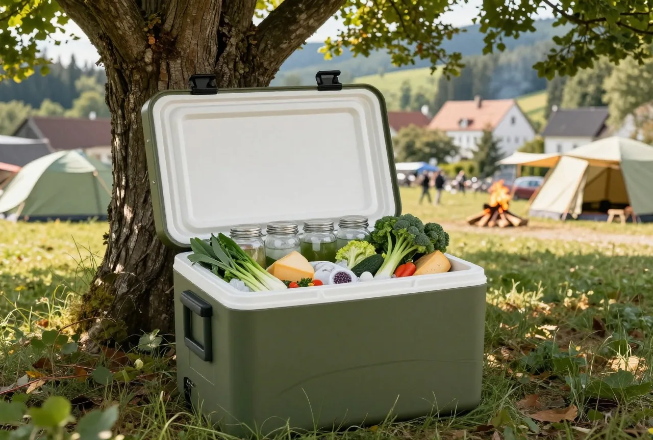 Eine geöffnete Kühlbox im Schatten eines Baums mit Gemüse, Käse, Gläsern und Kühlakkus