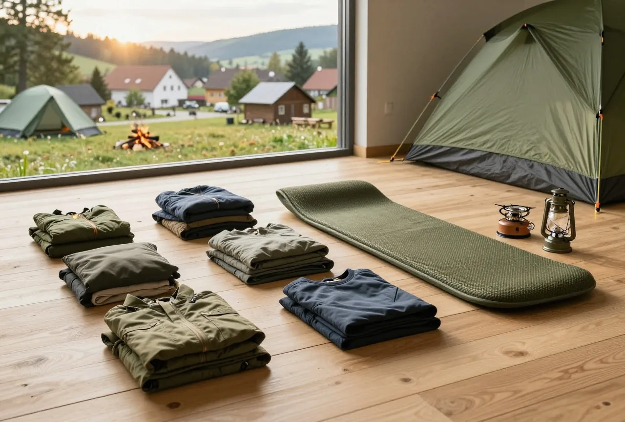 Campingausrüstung in kleinen Stapeln auf einem Holzboden vor dem Packen, darunter Isomatte, Kleidung, Gaskocher und Laterne