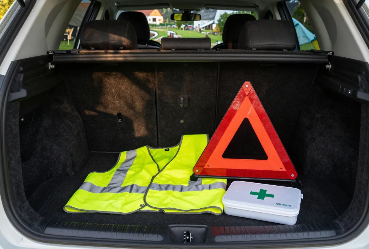 Eine gelbe Warnweste, ein rotes Warndreieck und ein Verbandkasten im Kofferraum eines Autos