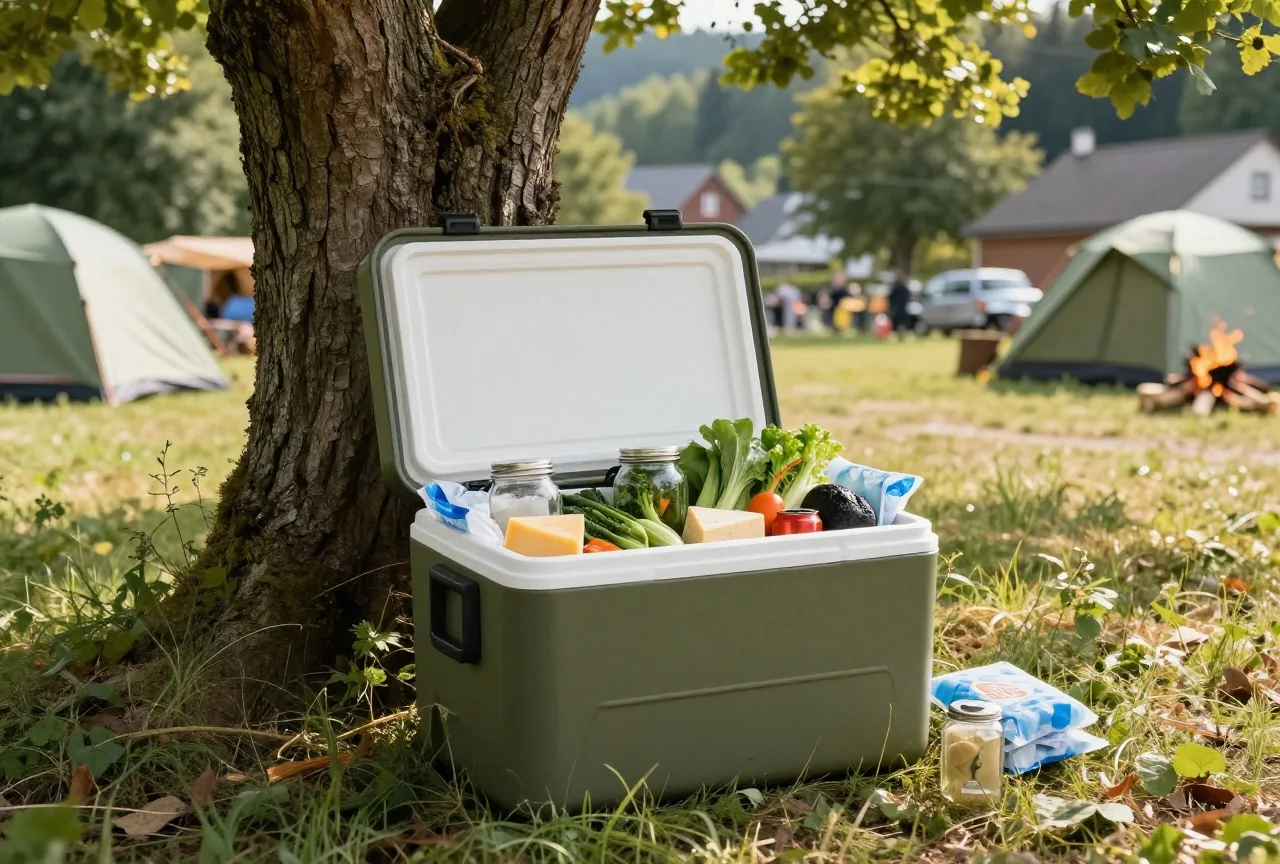 Eine geöffnete Kühlbox im Schatten eines Baums mit Gemüse, Käse, Gläsern und Kühlakkus