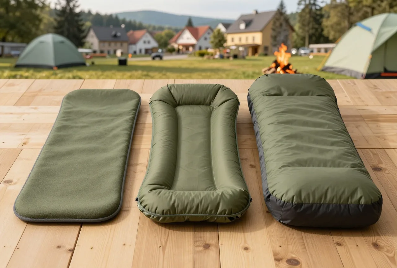 Drei verschiedene Isomatten nebeneinander auf einem Holzboden: Schaumstoffmatte, selbstaufblasende Matte und dicke Luftmatte
