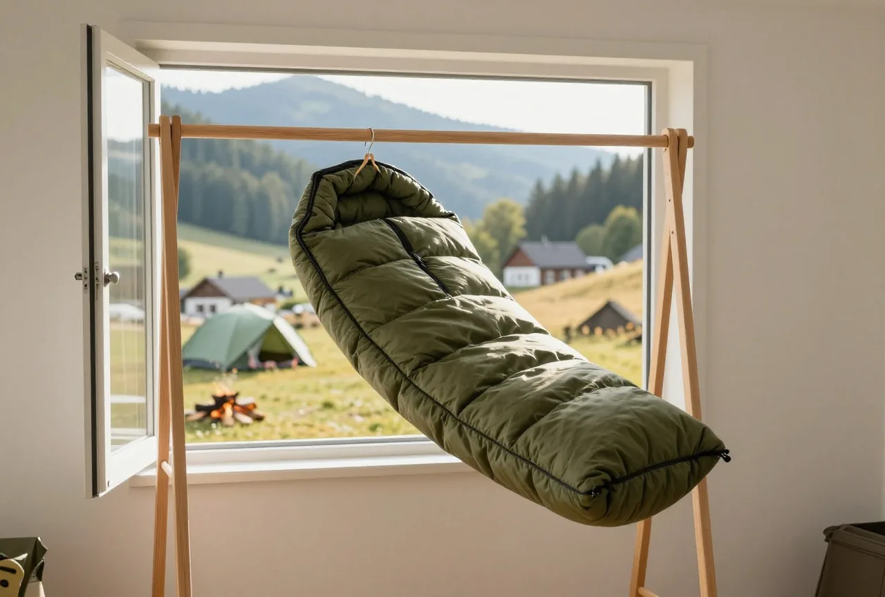 Ein auf links gedrehter Schlafsack hängt zum Lüften über einem Wäscheständer in einem hellen Zimmer