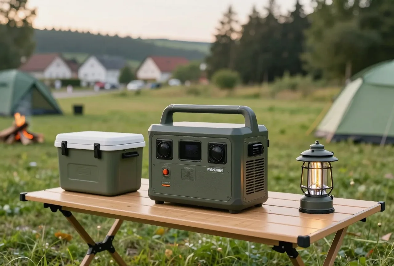 Eine tragbare Powerstation auf einem Campingtisch neben einer Kühlbox und einer Laterne am Waldrand