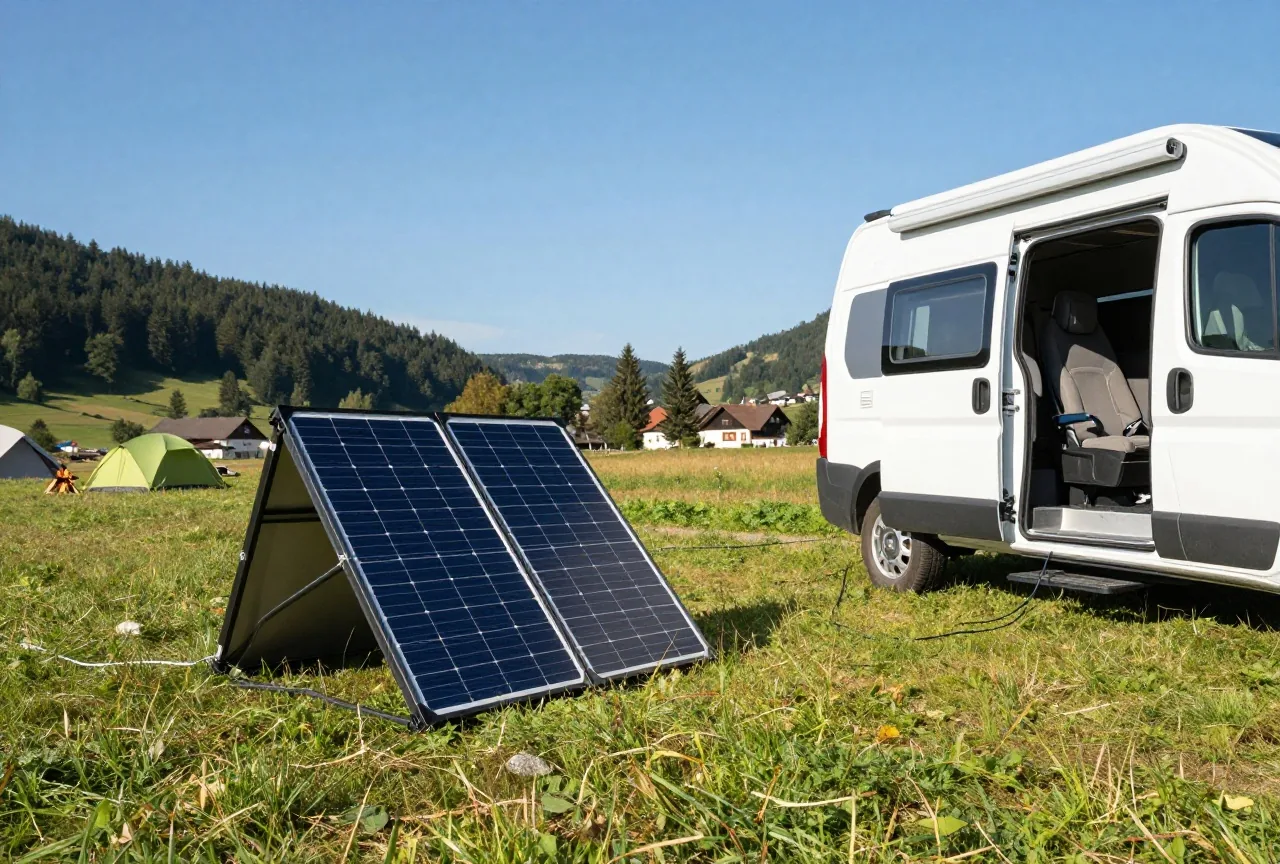 Ein aufgeklapptes Solarmodul steht auf einer sonnigen Wiese und ist mit einem Campingbus verbunden