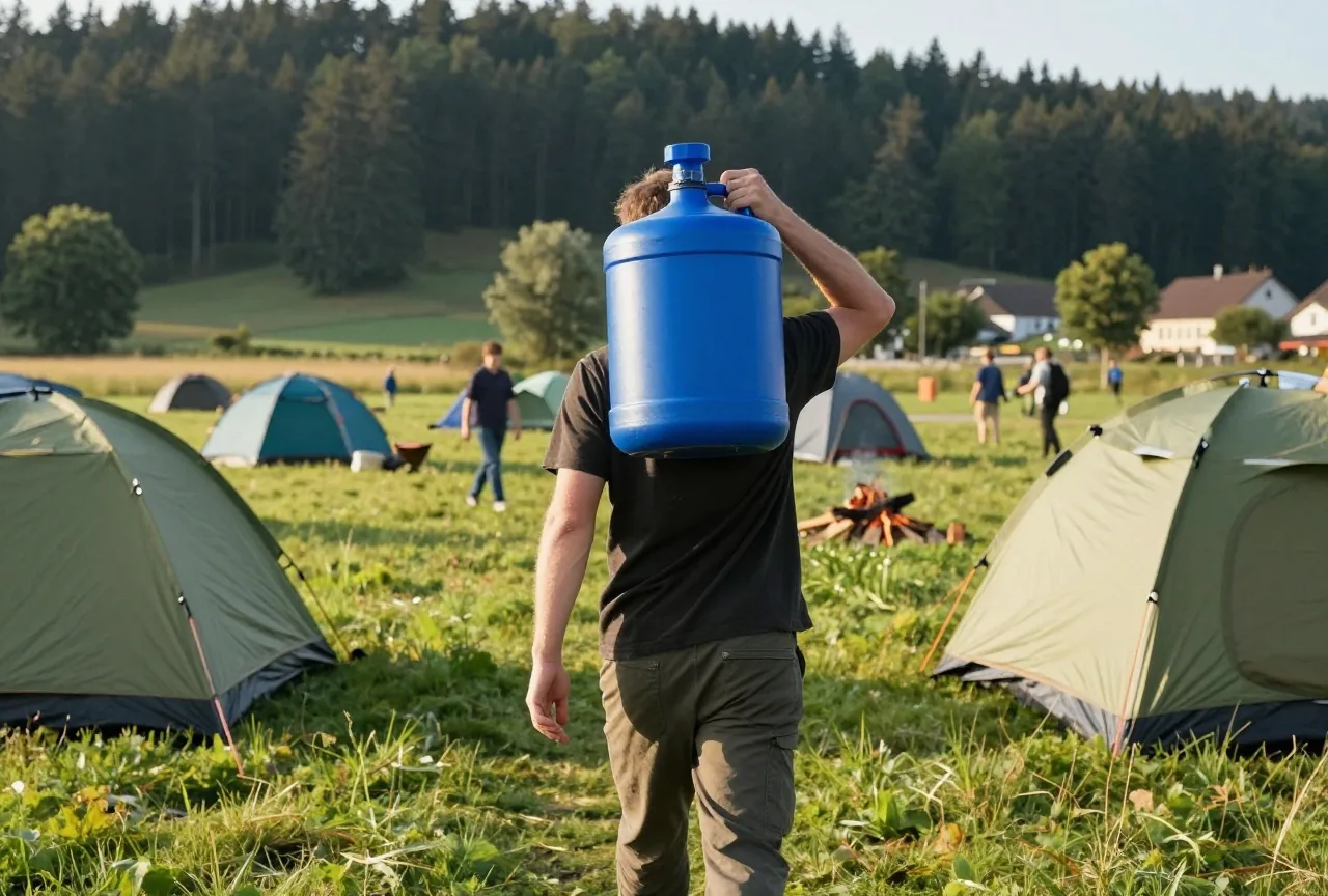 Ein Mann trägt einen vollen blauen Wasserkanister mit Hahn über eine Campingwiese zu seinem Zelt