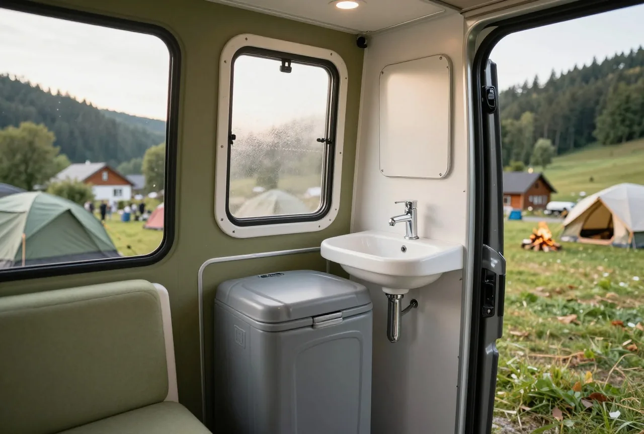 Ein kleines sauberes Bad in einem Wohnmobil mit Kassettentoilette und kleinem Waschbecken