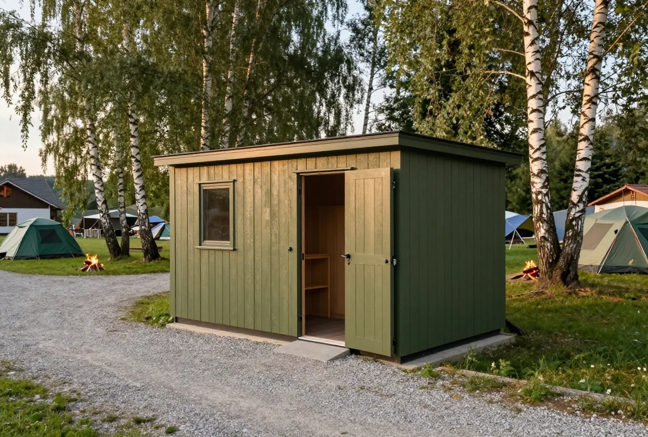 Ein modernes Sanitärgebäude aus Holz auf einem Campingplatz zwischen Birken, ein Kiesweg führt zur offenen Tür