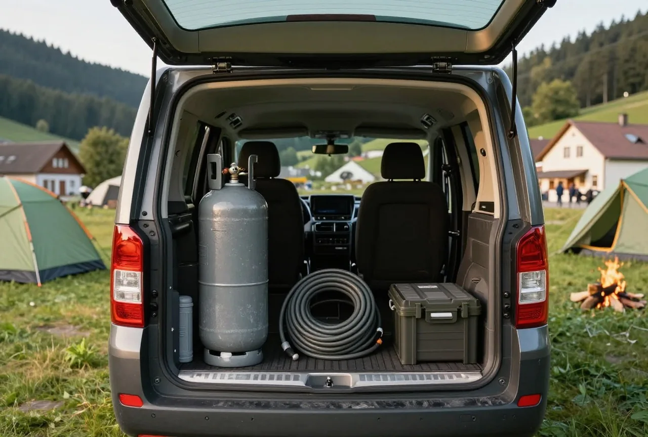 Die offene Heckgarage eines Wohnmobils mit Gasflasche, Kabeltrommel und Werkzeugkasten