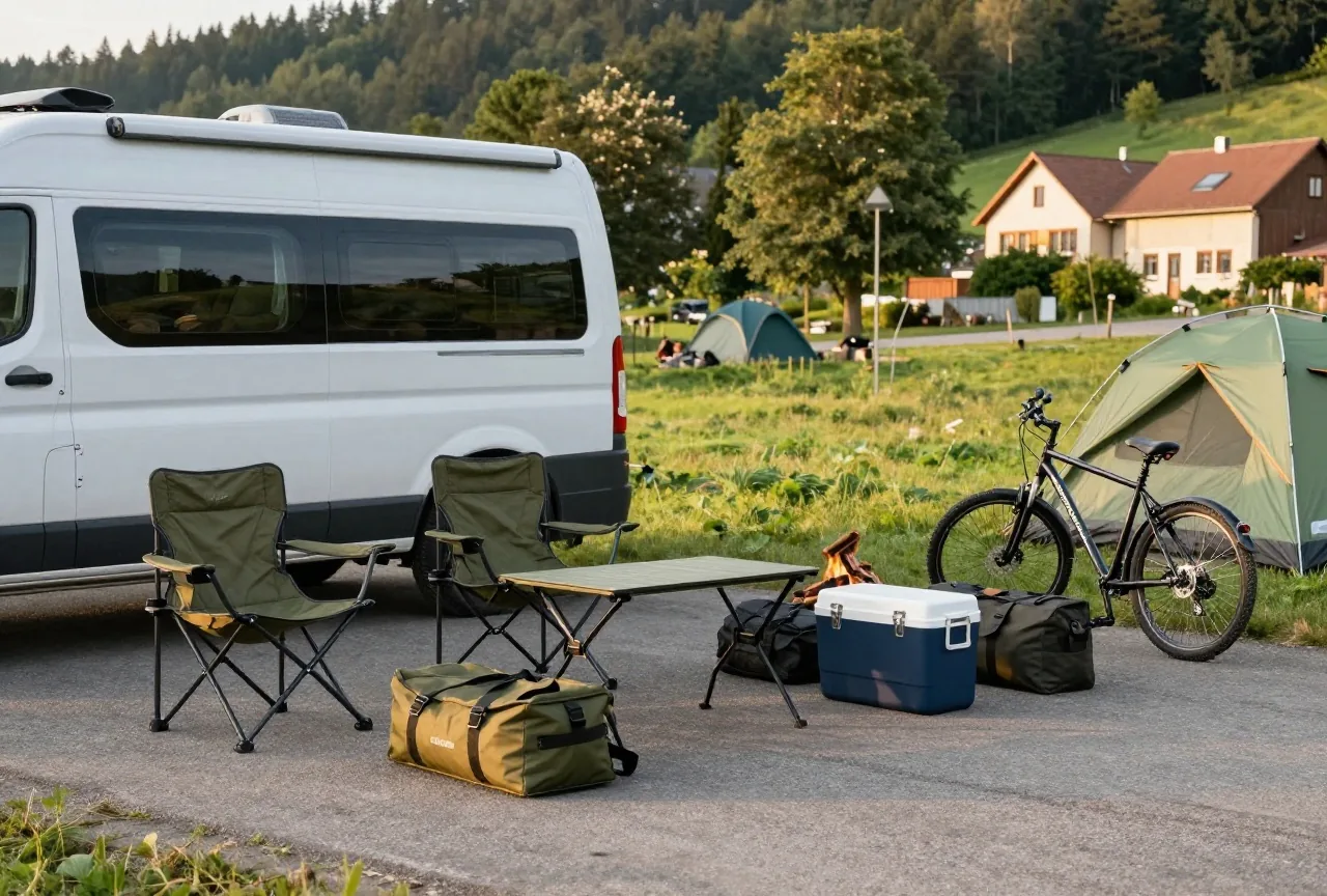 Campingausrüstung neben einem Wohnmobil auf der Einfahrt: Stühle, Tisch, Kühlbox, Taschen und zwei Fahrräder