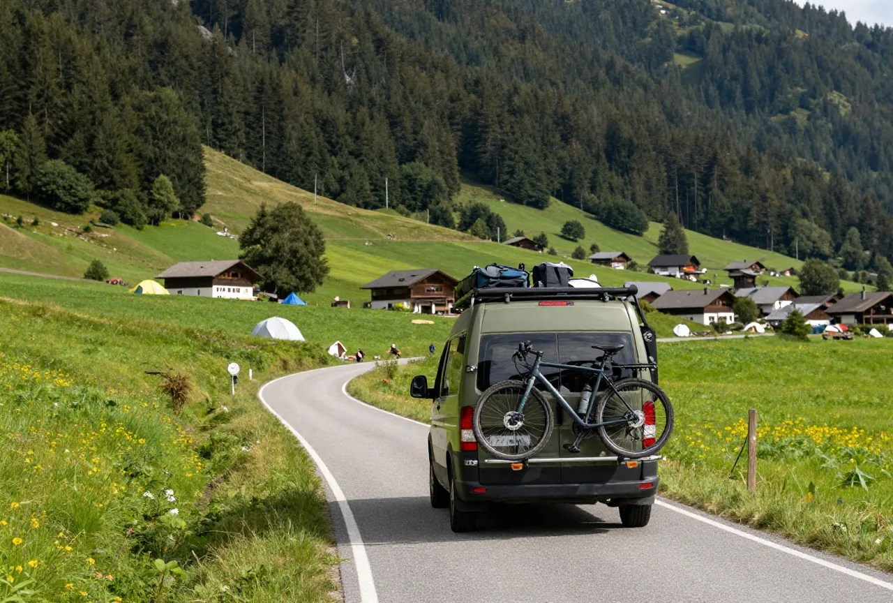 Ein voll bepacktes Wohnmobil mit zwei Fahrrädern am Heckträger fährt im Sommer eine kurvige Bergstraße hinauf