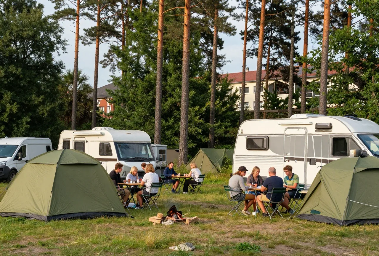 Ein Campingplatz im Sommer mit Zelt, Wohnwagen und Wohnmobil unter Kiefern, Erwachsene sitzen an einem Klapptisch