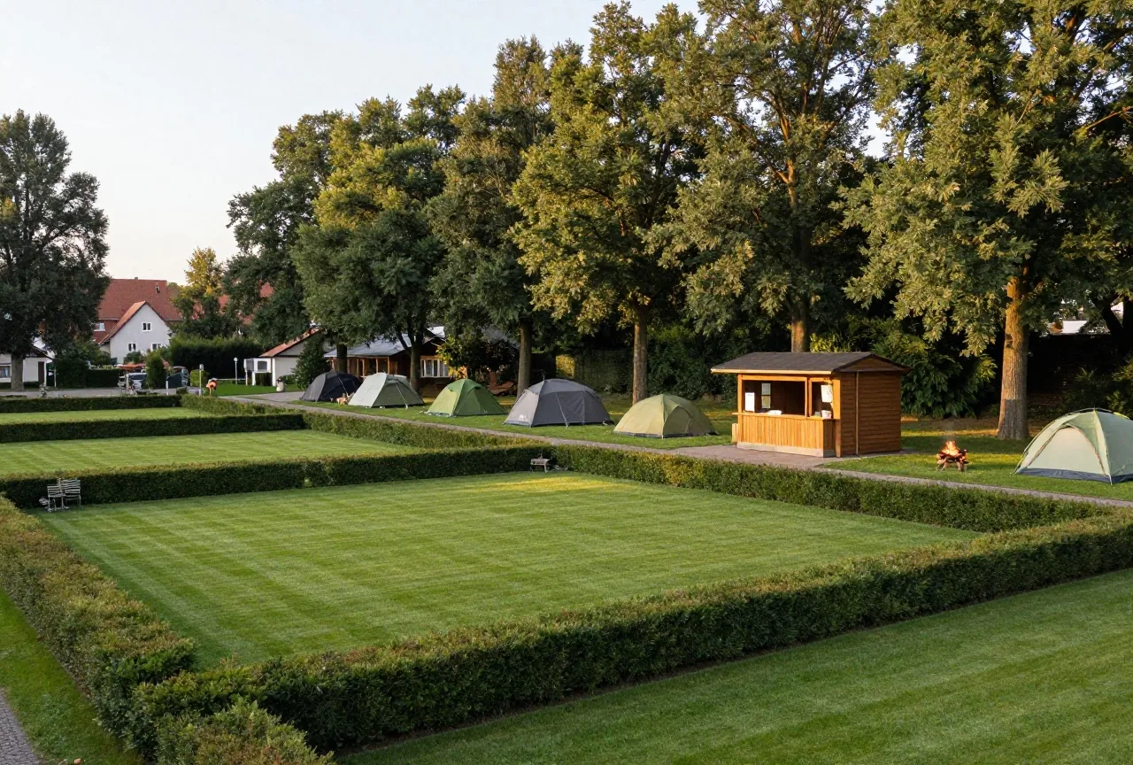 Ein gepflegter Campingplatz mit Stellplätzen zwischen niedrigen Hecken, einer Holzhütte als Rezeption und hohen Bäumen