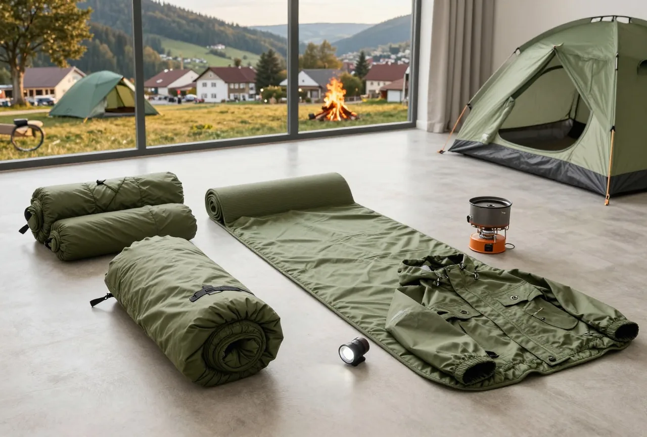 Campingausrüstung vor der Reise auf dem Wohnzimmerboden: Schlafsäcke, Isomatte, Kocher, Stirnlampe und Regenjacken