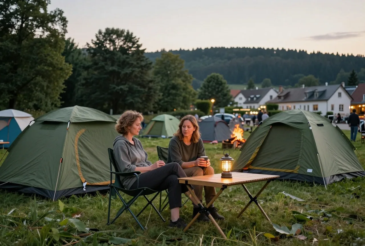 Eine Frau um die vierzig sitzt in der Dämmerung im Campingstuhl vor ihrem Zelt, neben ihr leuchtet eine Laterne