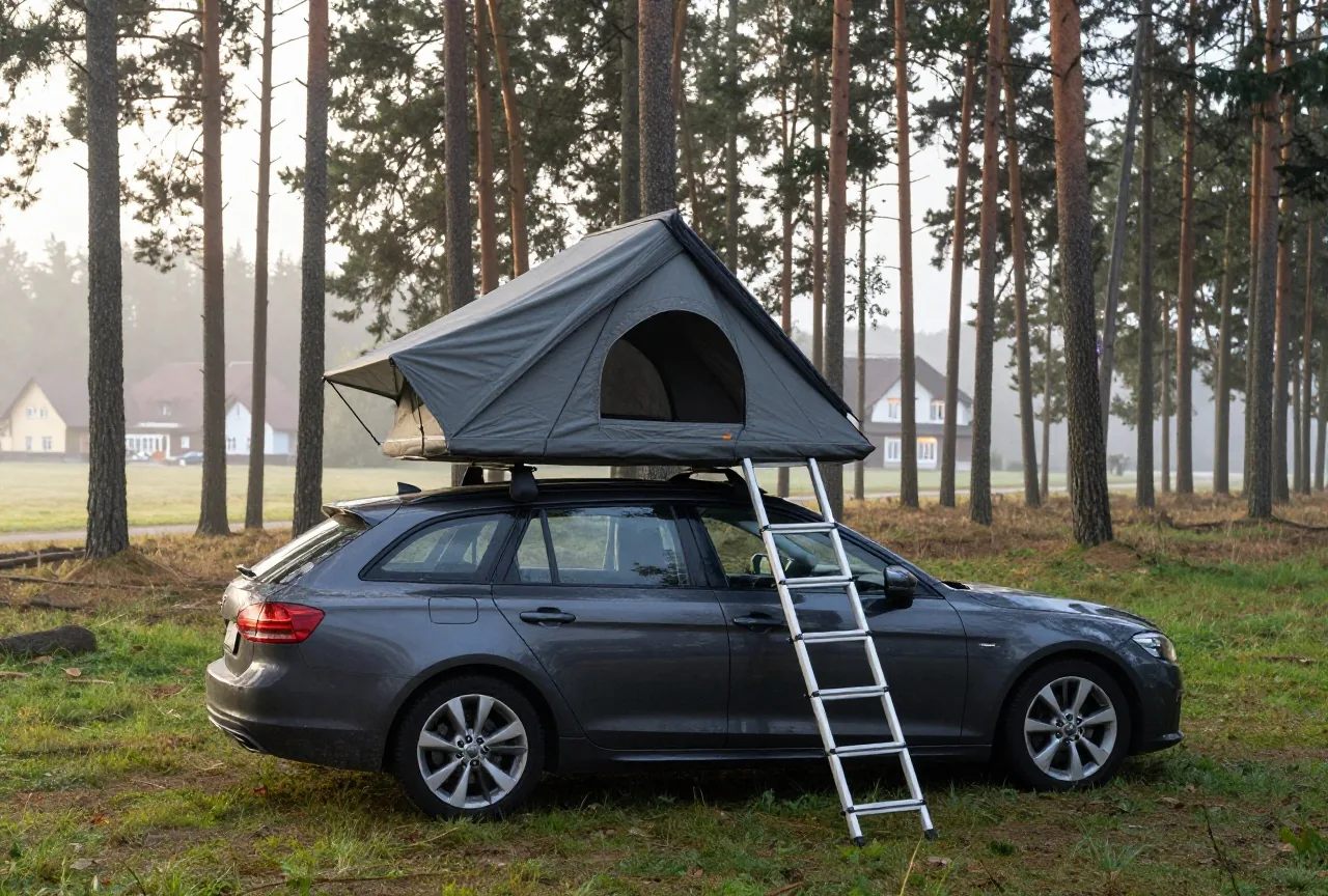 Ein aufgeklapptes graues Dachzelt auf einem dunklen Kombi am Rand eines Kiefernwaldes, davor eine Aluminiumleiter im Morgennebel