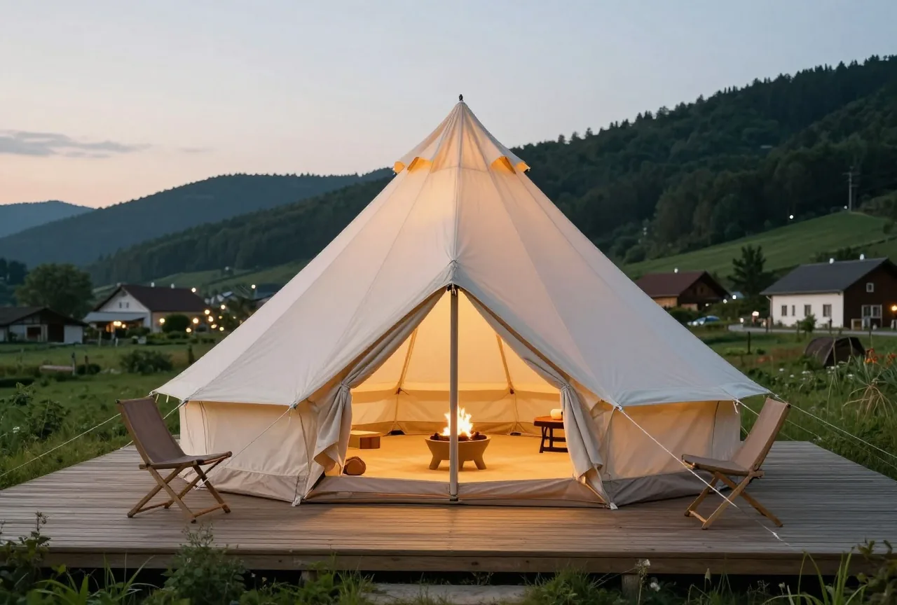 Ein rundes Baumwollzelt auf einer Holzterrasse am Campingplatz, innen warmes Licht, davor zwei Holzstühle in der Dämmerung