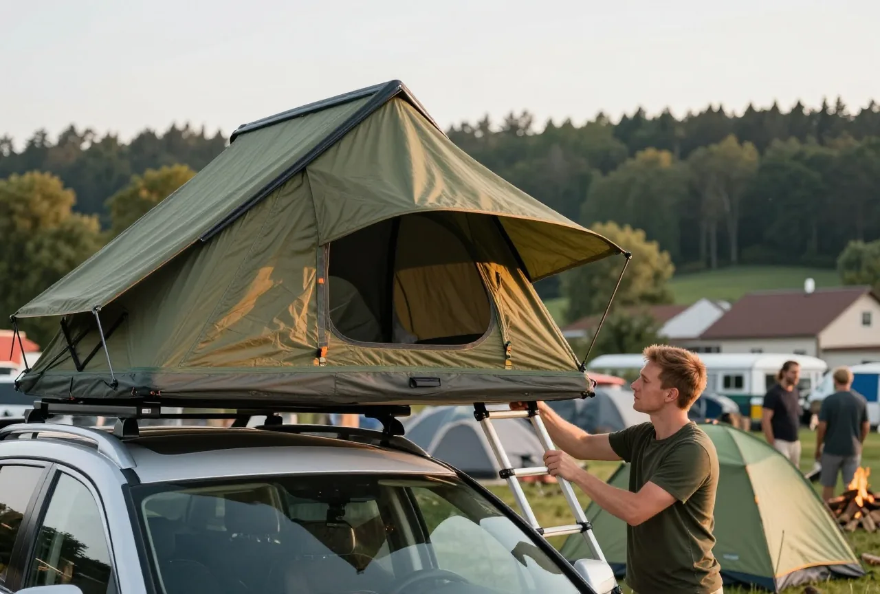 Ein Mann um die dreißig klappt auf einem Campingplatz ein Dachzelt auf dem Autodach auf und hält die Leiter fest