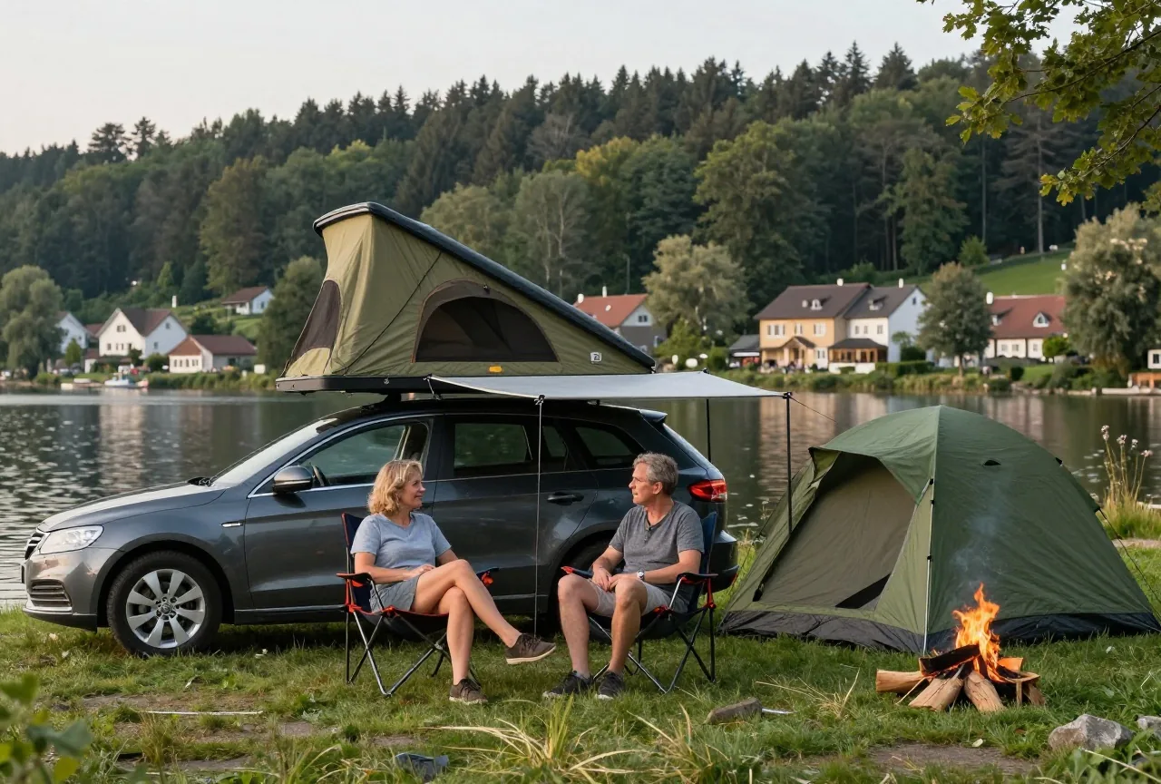 Ein Paar um die vierzig sitzt in Campingstühlen neben einem Auto mit aufgeklapptem Dachzelt und Vordach am Seeufer