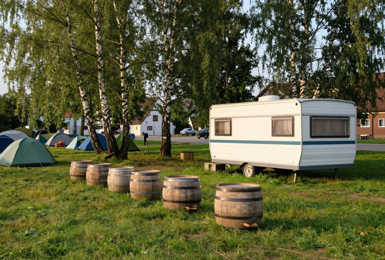 Mehrere hölzerne Schlaf-Fässer und ein weißes Mobilheim auf einem grünen Campingplatz unter Birken im Morgenlicht