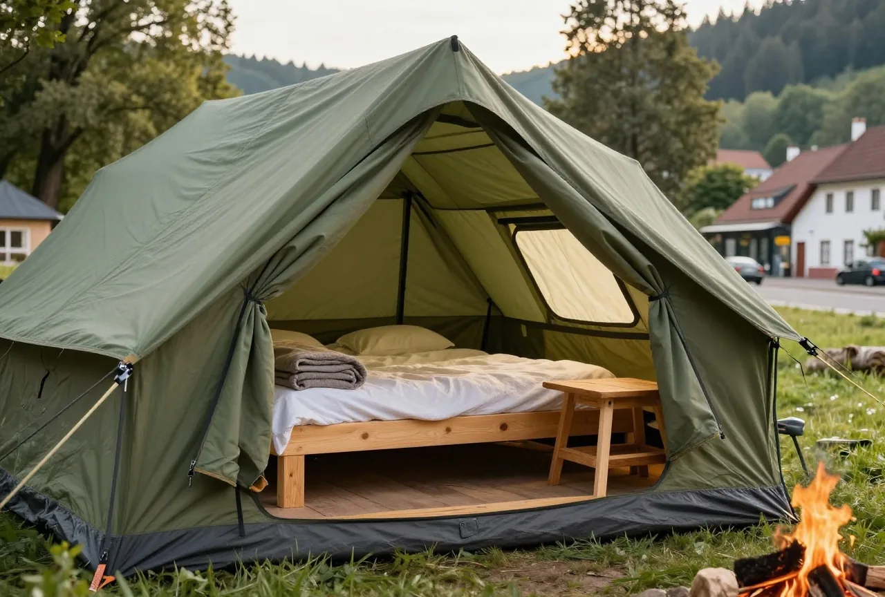 Innenraum eines Glampingzelts mit Doppelbett aus Holz, gefalteten Decken, kleinem Holztisch und Stoffwänden im Tageslicht
