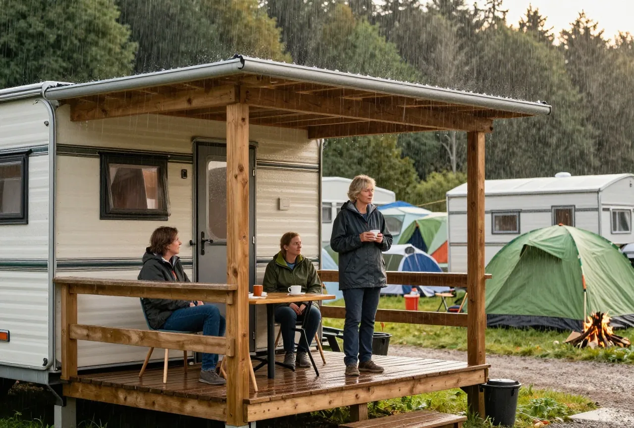Regen fällt auf die überdachte Holzterrasse eines Mobilheims, eine Frau um die fünfzig in Regenjacke hält eine Tasse