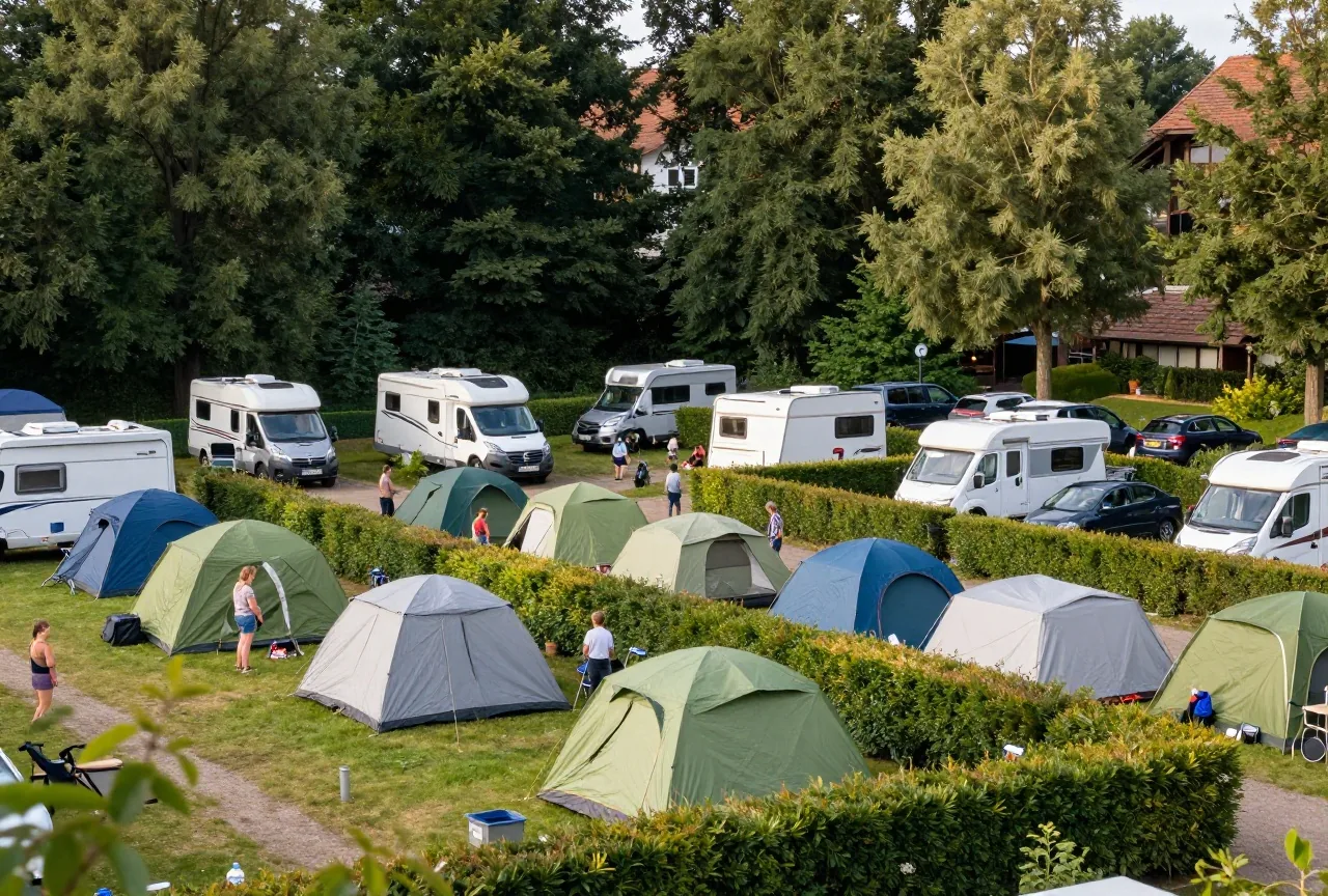 Ein Campingplatz im Sommer mit Zelten, Wohnwagen und Campingbussen auf grünen Stellplätzen zwischen niedrigen Hecken