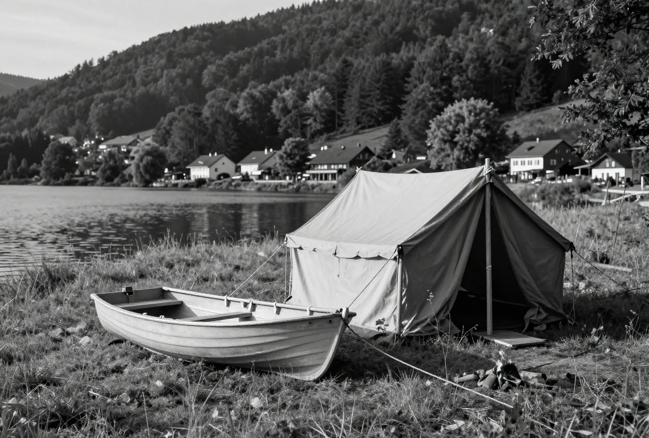 Ein altes Firstzelt aus Baumwolle mit Holzstangen am Seeufer, daneben ein Faltboot, im Stil eines Schwarzweißfotos