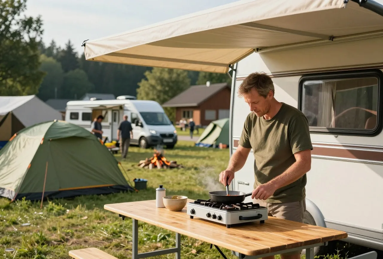 Ein Mann um die fünfzig kocht auf einem kleinen Gaskocher am Campingtisch vor einem Wohnwagen im Morgenlicht