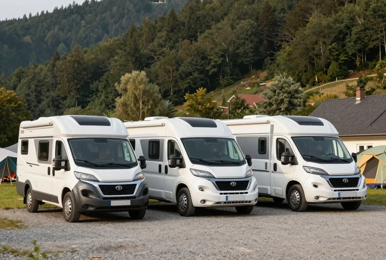 Drei weiße Wohnmobile unterschiedlicher Größe nebeneinander auf einem Kiesplatz: ein kleiner Campingbus, ein Kastenwagen und ein großes Modell