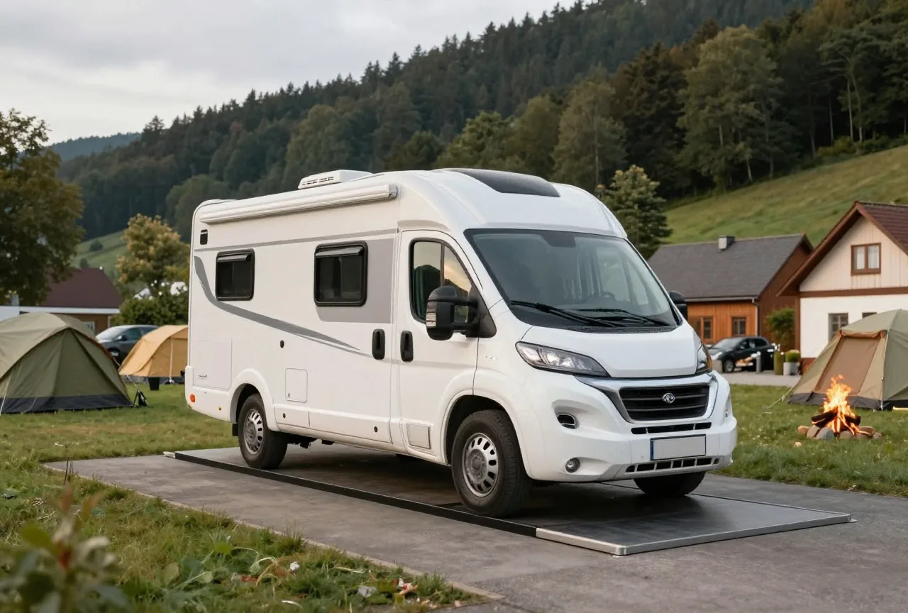 Ein weißes Wohnmobil steht auf einer großen ebenerdigen Fahrzeugwaage an einer Prüfstation an einem bewölkten Morgen
