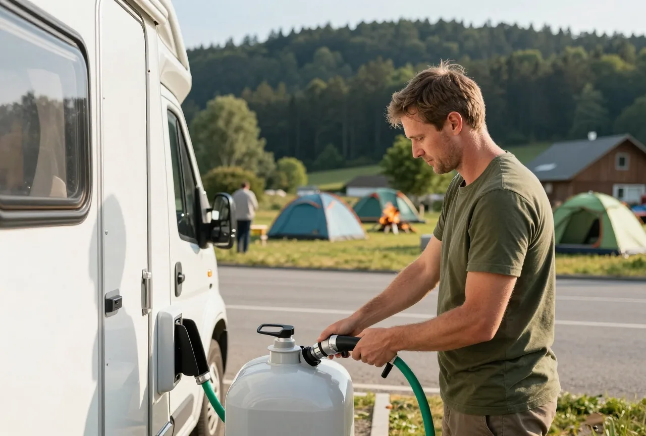Ein Mann um die vierzig füllt mit einem grünen Schlauch den Frischwassertank eines weißen Wohnmobils an einer Servicestation