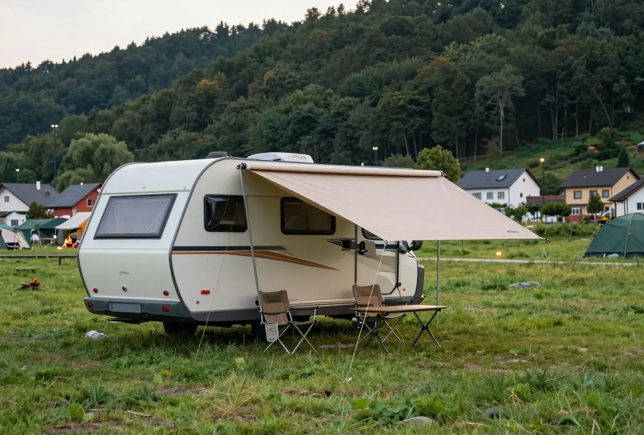 Ein Wohnwagen mit Vorzelt auf einer Wiese, die Eckstützen sind unten, davor zwei Klappstühle und ein Tisch