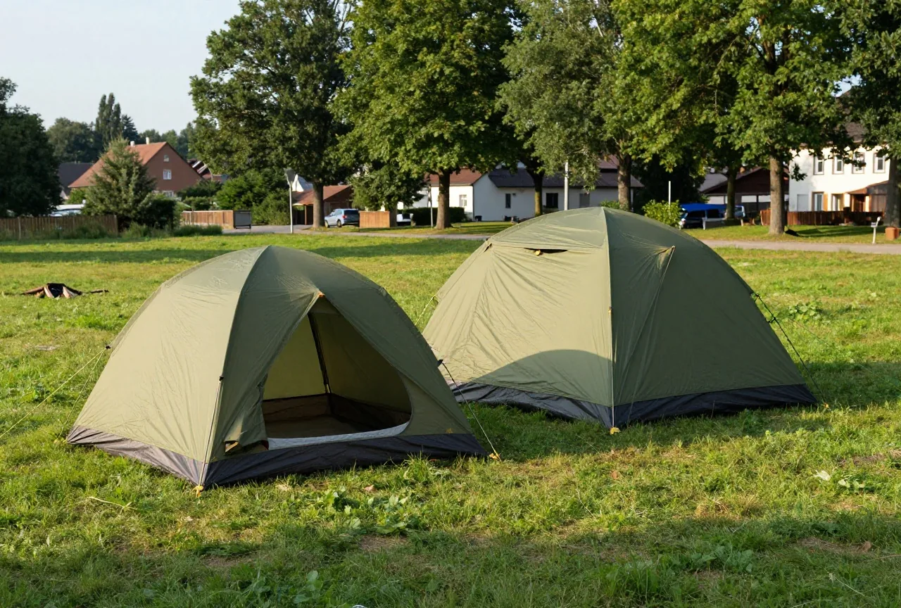 Ein kleines Kuppelzelt und ein größeres Tunnelzelt stehen nebeneinander auf einer Campingwiese im Sommer