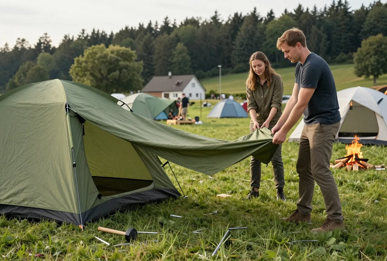 Zwei Erwachsene ziehen auf einer Wiese das Außenzelt über das Gestänge, Heringe liegen im Gras