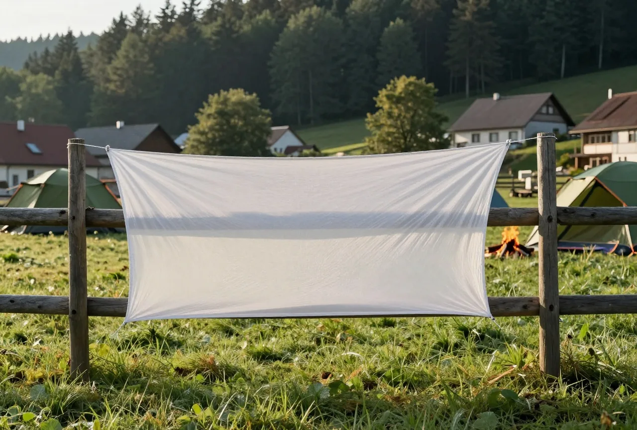 Ein Außenzelt hängt zum Trocknen über einem Holzzaun in der Morgensonne, auf dem Gras liegt Tau