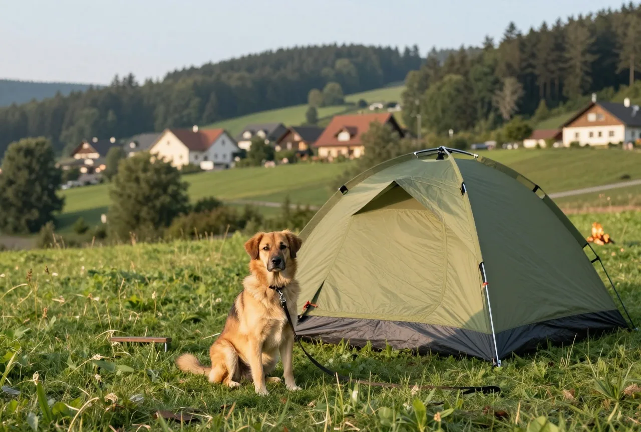 Ein mittelgroßer Hund sitzt angeleint ruhig neben einem Zelt auf einem Stellplatz im Morgenlicht