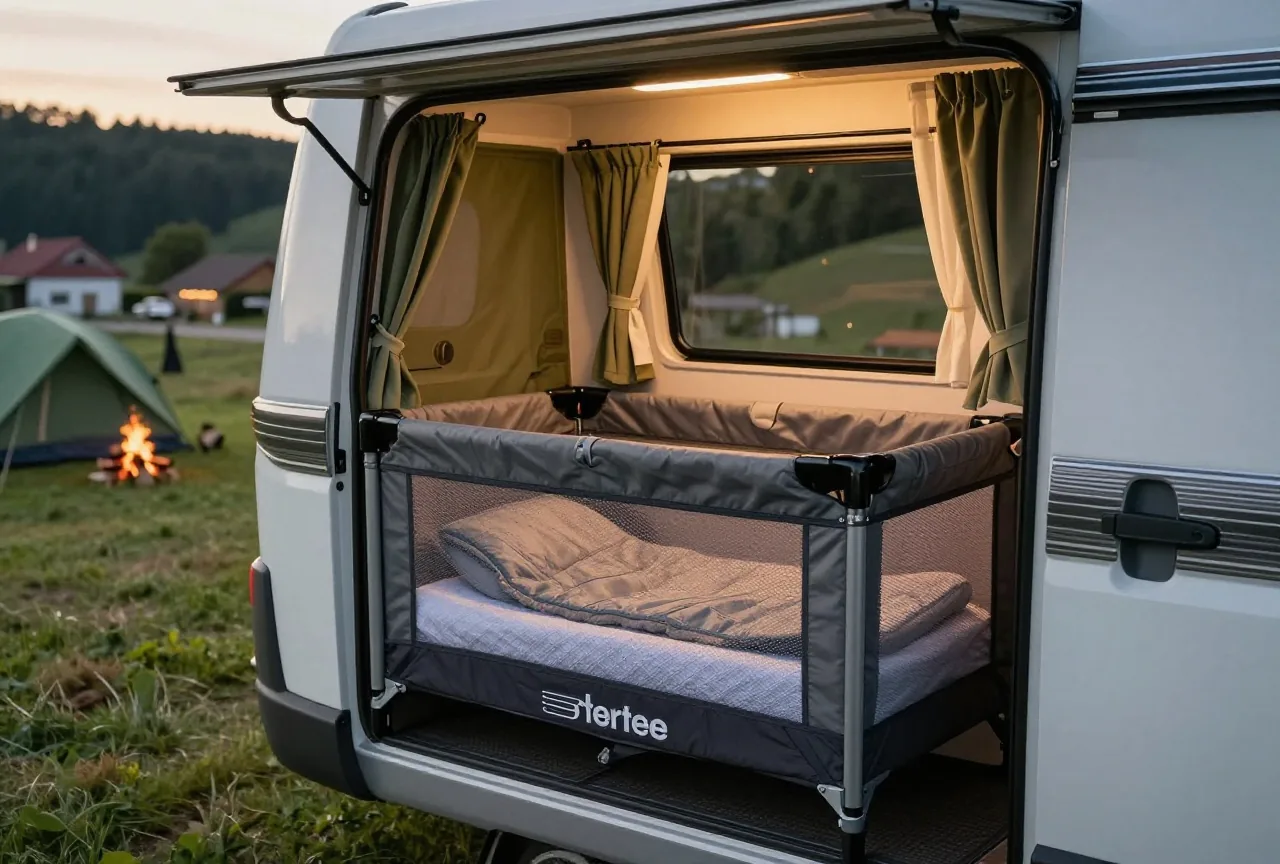Im Wohnwagen steht am Abend ein Reisebett mit fester Matratze und einem kleinen Schlafsack im warmen Lampenlicht
