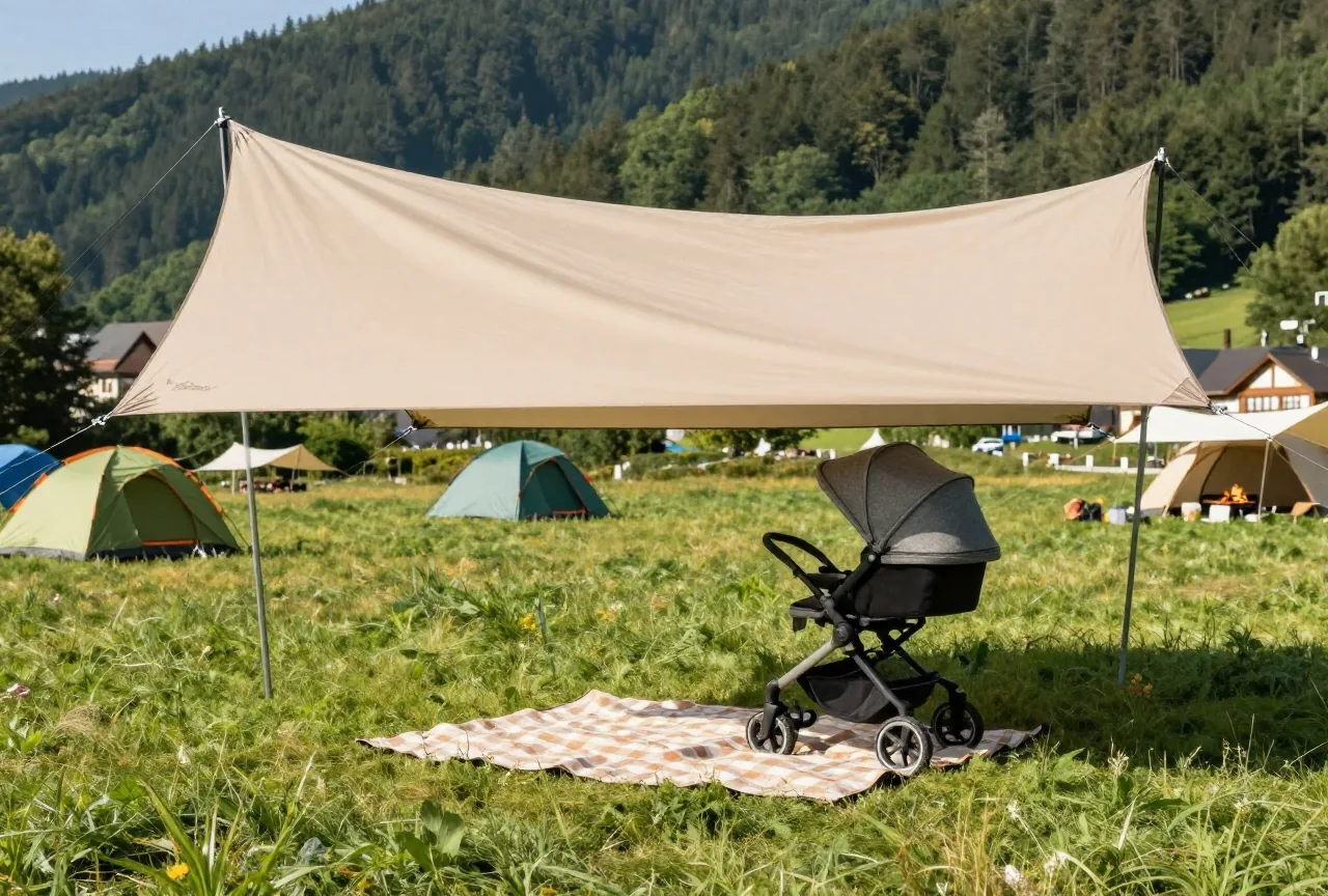 Ein Sonnensegel und ein Schirm werfen tiefen Schatten auf eine Picknickdecke und einen Kinderwagen auf einer Wiese