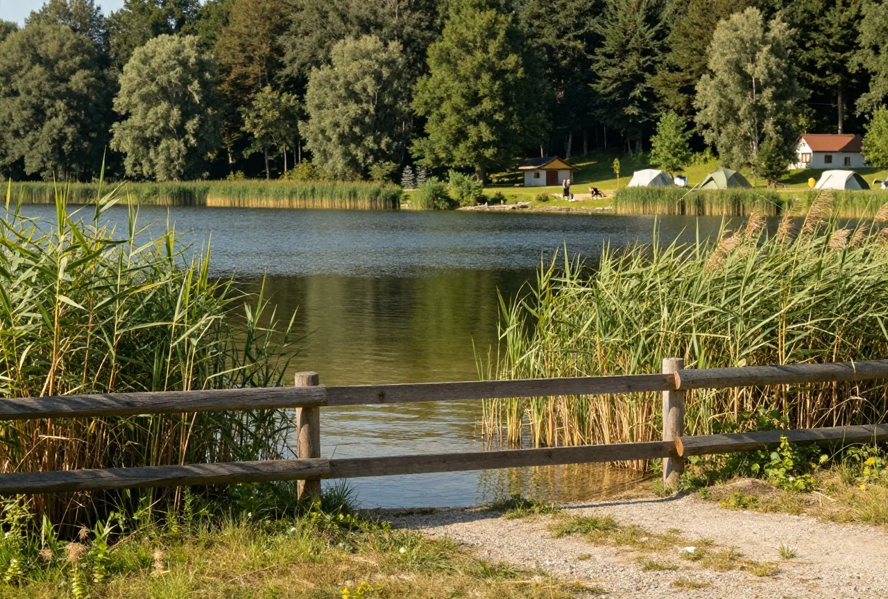 Ein ruhiges Seeufer an einem Campingplatz mit niedrigem Holzzaun und geschlossenem Tor, Schilf und klares Wasser