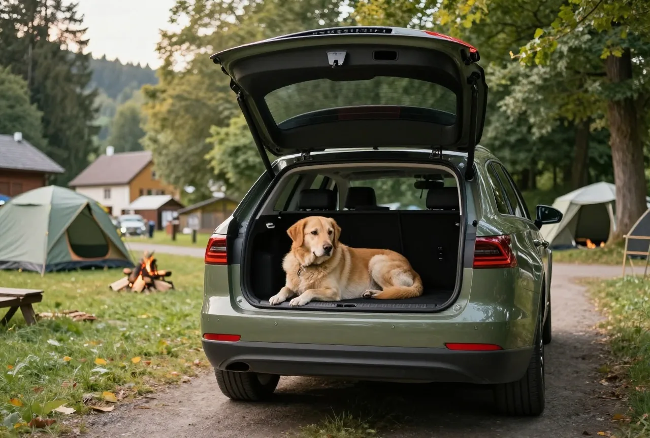 Ein ruhiger Hund liegt in einer offenen Transportbox im Kofferraum eines Kombis auf einem schattigen Waldparkplatz