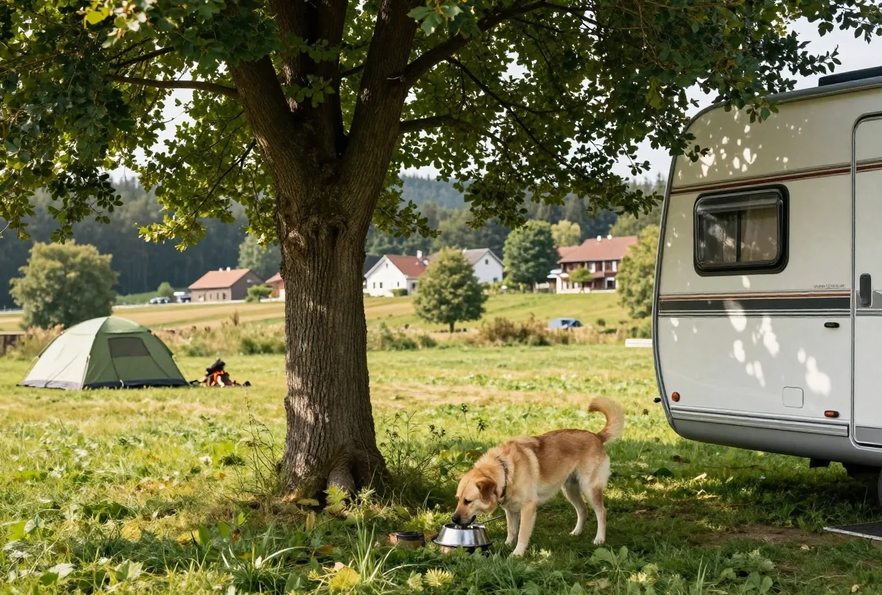 Ein Hund trinkt im Schatten eines großen Baumes neben einem Wohnwagen aus einem Metallnapf