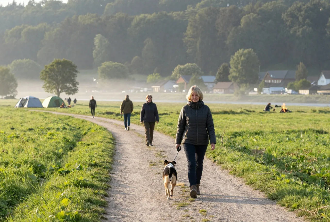 Eine Frau um die fünfzig führt ihren angeleinten Hund auf einem Sandweg durch eine Flusswiese im Morgennebel