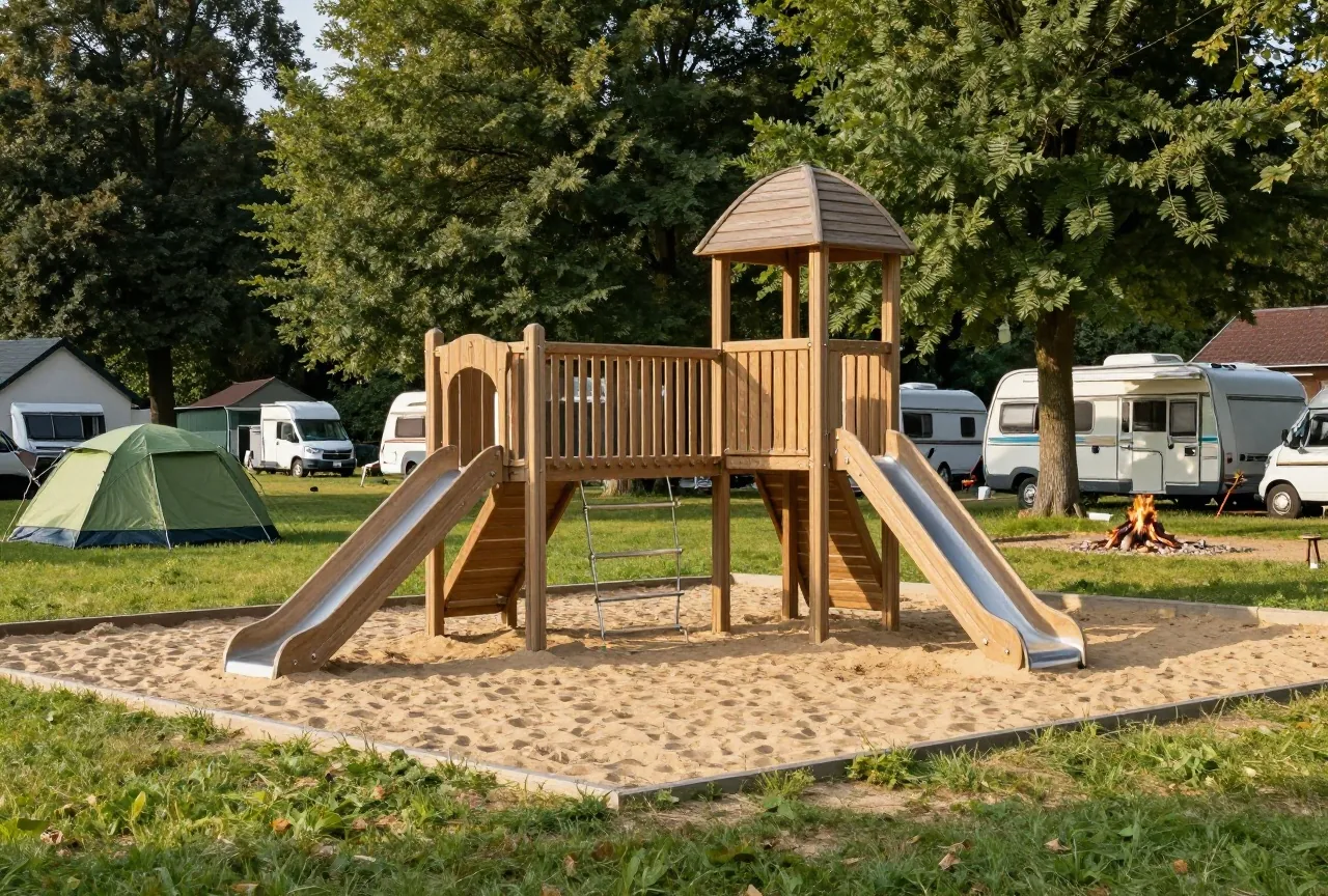Ein Spielplatz mit Klettergerüst, Sandkasten und kleiner Rutsche auf einem Campingplatz, im Hintergrund Zelte und Wohnwagen