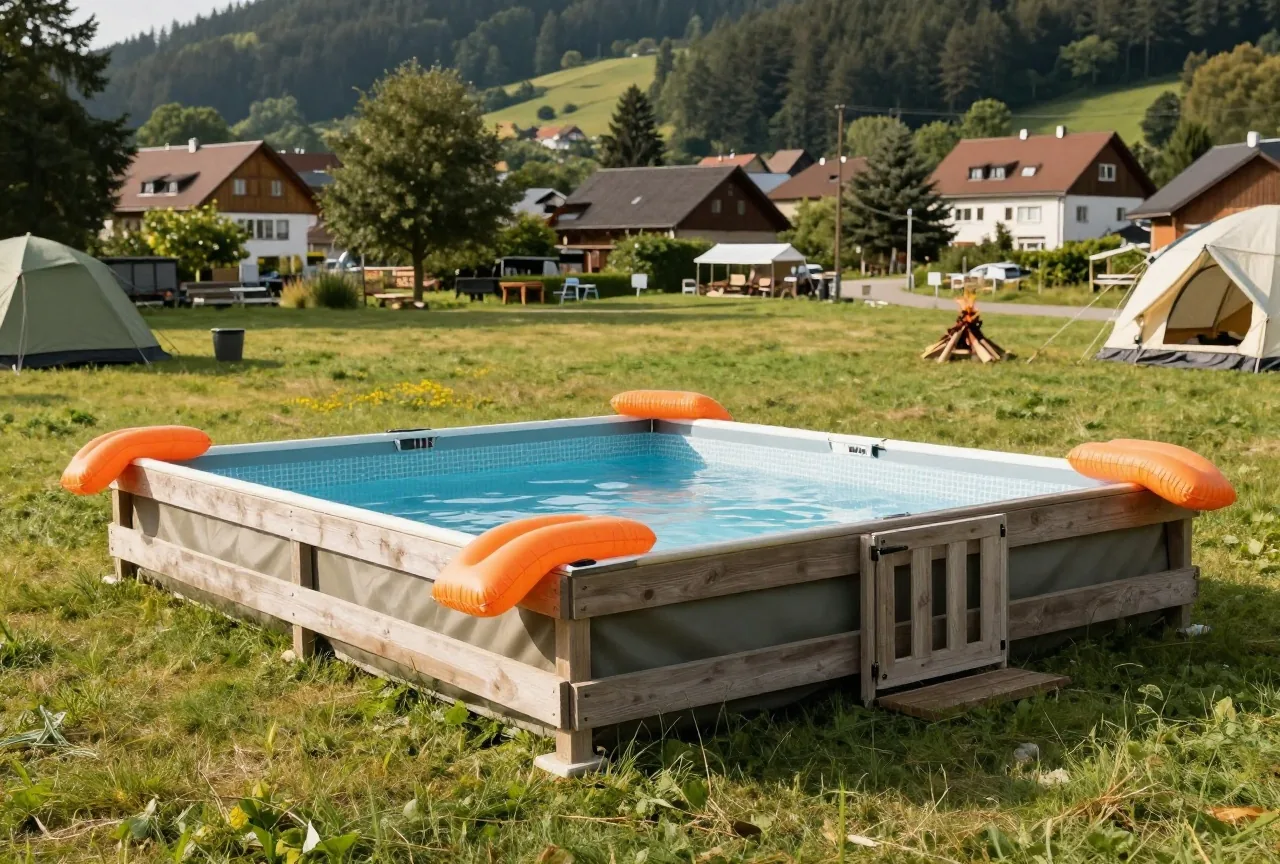 Ein umzäuntes flaches Planschbecken auf einer Campingwiese mit Holztor, am Rand liegen orangefarbene Schwimmflügel