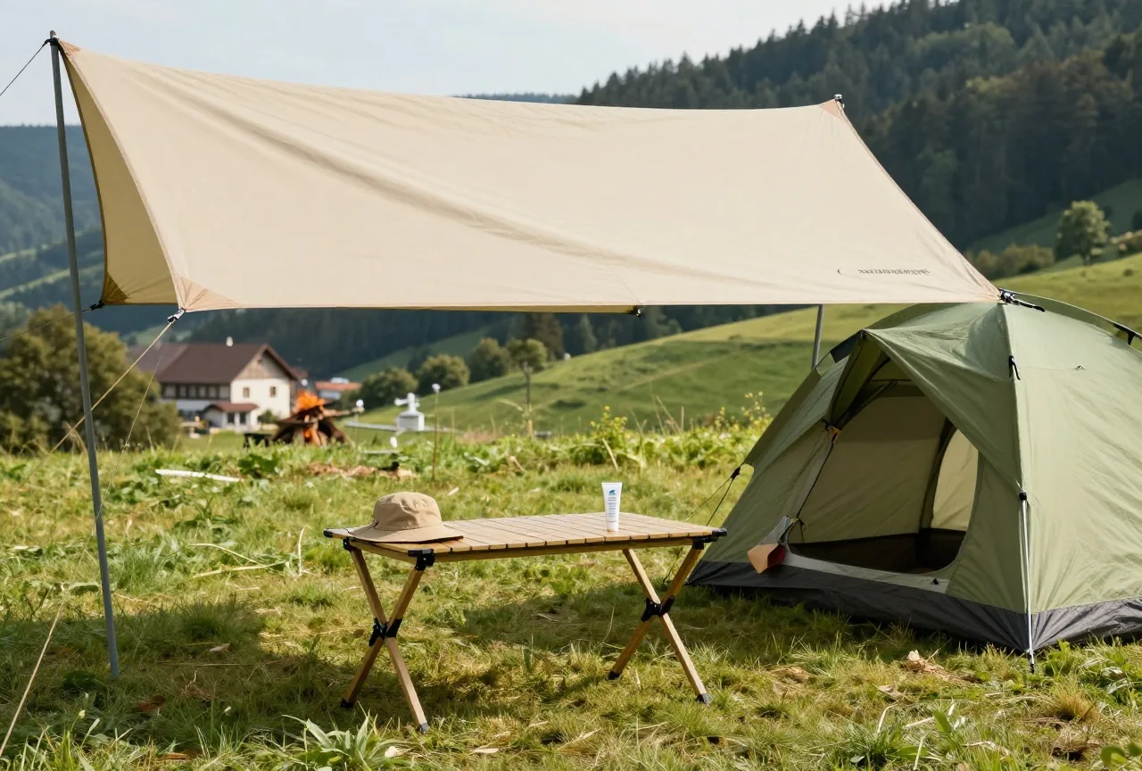 Ein schattiger Campingtisch unter einem Sonnensegel neben dem Zelt, darauf ein kleiner Sonnenhut, eine Kappe und Sonnencreme