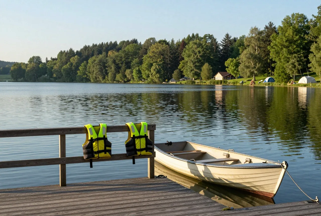 Ein ruhiges Seeufer mit Holzsteg, zwei leuchtende Schwimmwesten hängen am Geländer, daneben ein kleines Ruderboot